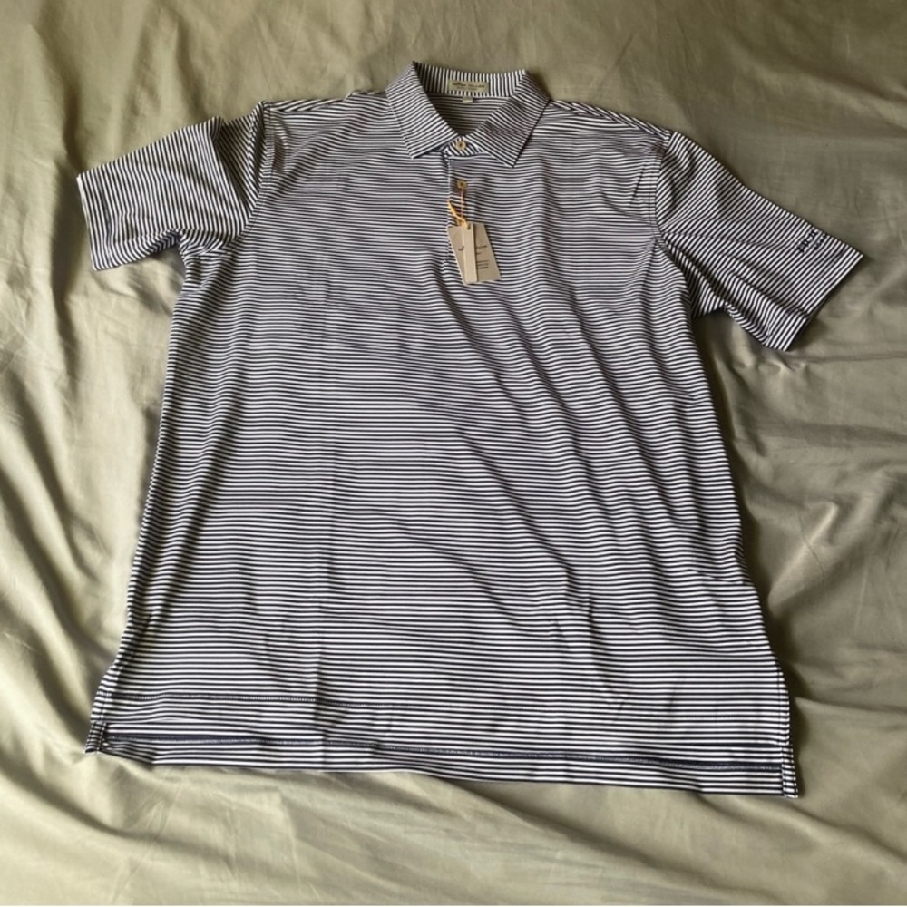 Peter Millar Summer Comfort Polo Shirt Mens Size L White Navy Striped Golf NWT
